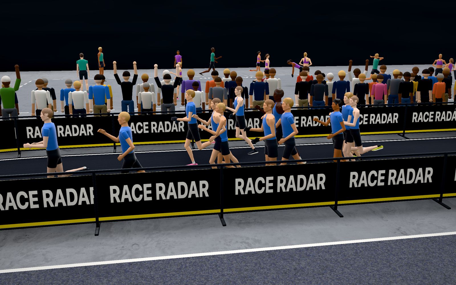 Broadcast camera: runners passing the crowd and barriers
