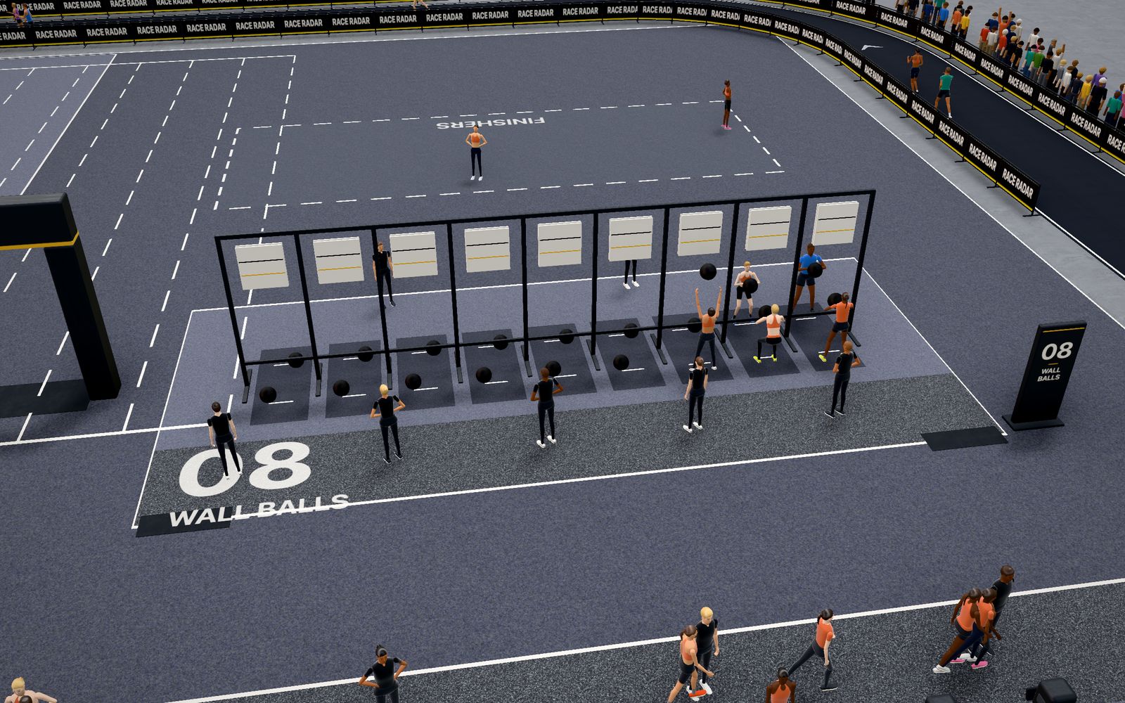 Wall-ball station with judges positioned along the targets